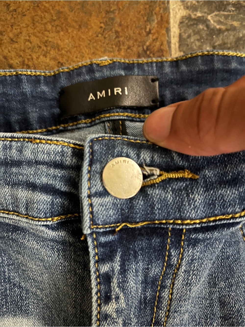 AMIRI Distressed Dark Blue Skinny Jeans with Paint